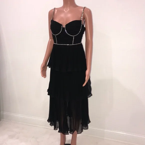 Self-Portrait | Dresses | Selfportrait Chiffon Crepe Midi Dress Tiered  Bottom Crystal Spaghetti Straps 4 | Poshmark